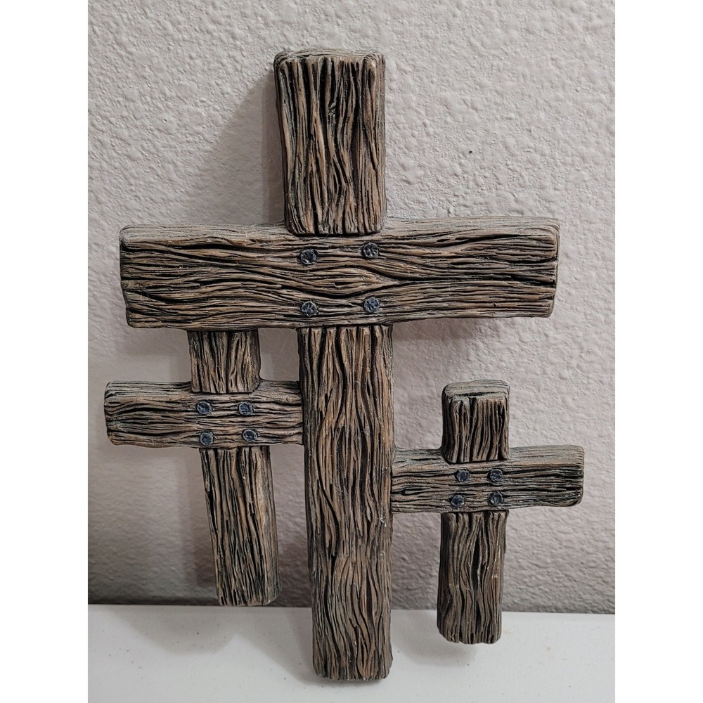Faith Collection Triple Cross Wall Plaque Brown Faux Wood Rustic 10x7 Farmhouse - Picture 2 of 3